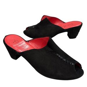 Pas de Rouge Suede Mules Womens US 8.5 Black Peep Toe Leather Quiet Luxury Italy